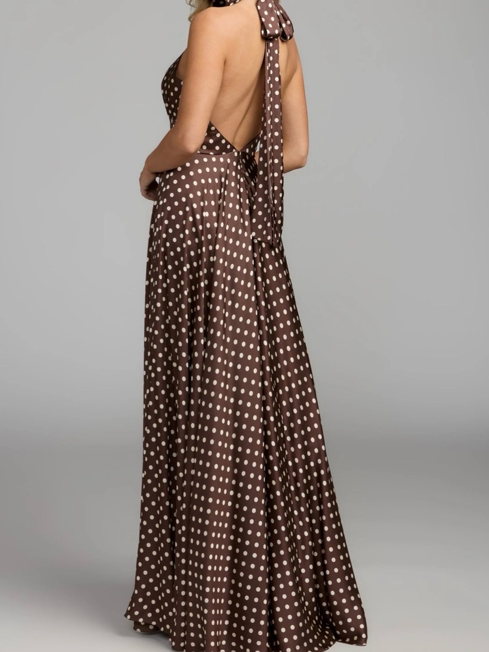 Mac Duggal Brown Halter Polka Dot Maxi Dress NWT - Picture 3 of 6